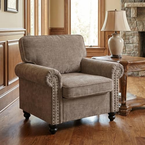 Sivoey Nailhead Armchair, Rolled Arms Accent Chair for Living Room, Single Sofa Chair with Springs Seat Cushion & Wooden Legs, Mid-Century Armchair for Apartment, Office, Farmhouse, Light Brown