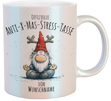 Birne 3-design - bedruckte Tasse - Offizielle Anti-X-Mas-Stress-Tasse mit Wichtel - personalisierte Kaffeetasse mit Wunschnamen - 330ml, lustige Weihnachtstasse für Büro, Familie & Freunde (Glitzer)