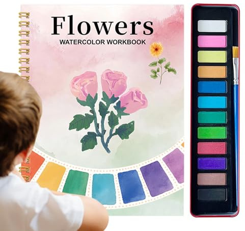 Cahier de Peinture Aquarelle Adulte,Livre de Coloriage Aquarelle avec Palette de 12 Couleurs pour Adultes | Kit Artistique Fournitures Coloration Pour Apprentissage École Maison Voyage Cours D'art - L