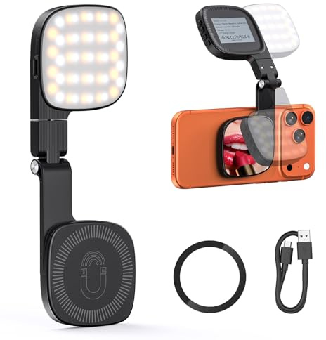 Luce magnetica selfie con specchio, illuminazione portatile mini LED per riempire il telefono, mini stand LED per telefono da scrivania, livelli di luminosità regolabili 3000-6500K, trucco