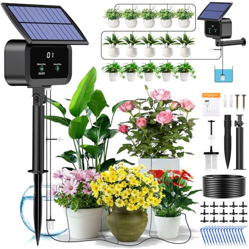 Kit de Riego Automático Solar, Sistemas de Riego Automático de Jardín, Kit de Riego Solar con Temporizador + Manguera de 15M para Jardín, Balcón, Plantas en Macetas