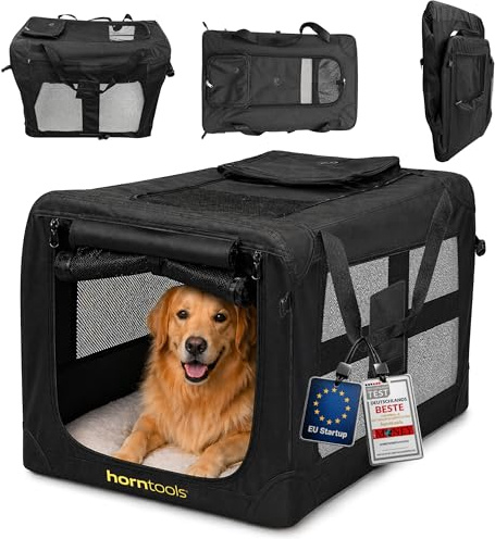 HORNTOOLS Faltbare Hundebox - Hundetransportbox mit Netzfenstern, Abnehmbarer Matte - Atmungsaktive Reisetasche für Hunde und Katzen - Transporttasche für Camping, Reisen & Zuhause - 74x53x52 cm
