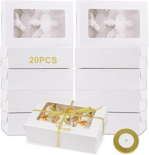 Qacpahucy Paquete de 20 Cajas Para Cupcakes - Caja de Transporte para Magdalenas y Caja para Tartas - Caja de Cupcake con Ventana Transparente para Cupcakes, Muffins, Postres