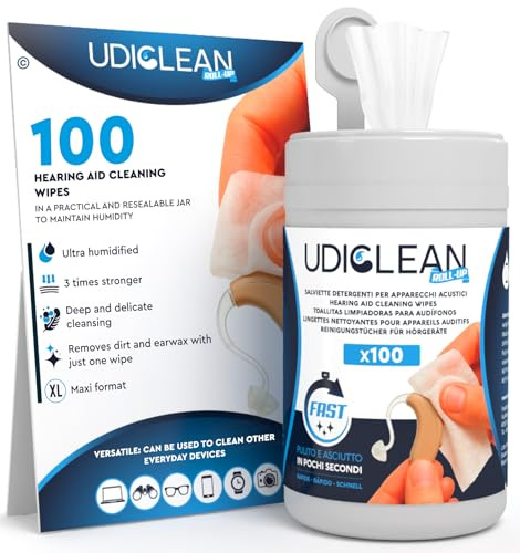 100 Udiclean Roll-Up Hearing Aid Cleaning Wipes with a Resealable Moisture-Sealing Dispenser Durable Maxi Size Wipes for Removing Earwax and Dirt