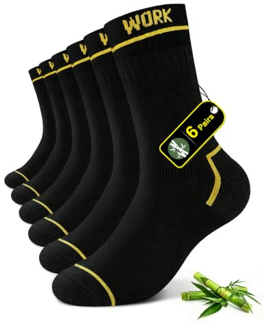 FALARY Calcetines Trabajo Hombre Bambú Rizo WORK Socks Durable 6 Pares | Respirable Cómodo, Absorbe la Humedad, Tela de Rizo Gruesa, Refuerzo en Talón y Puntera, Adecuado para Trabajadores Manuales