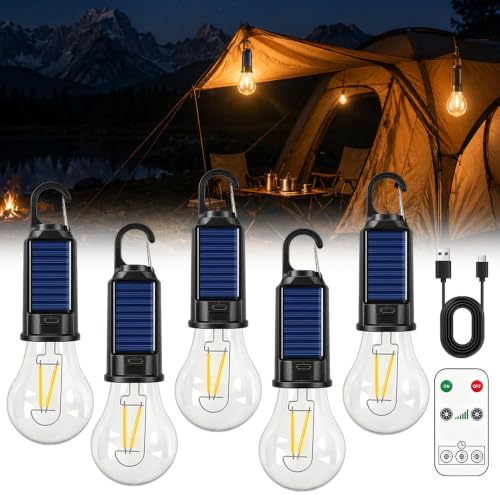 5 Stück Led Campinglampe Aufladbar, SGZIOO Solar Camping Lampe, Camping Licht mit 3 Helligkeitsmodi, Wasserdicht, USB-Ladung Solar Glühbirne, Solarglühbirnen Outdoor für Abenteuer Angeln