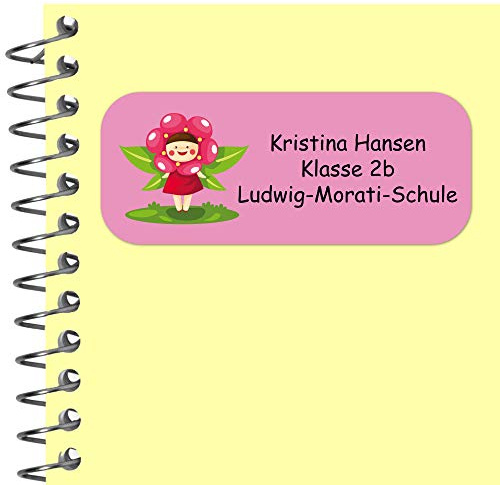 INDIGOS UG Namensaufkleber Kinder Schule - 56x23 mm - Adressetiketten selbstklebend - 025 - Blumenfee - 99 Sticker Adressaufkleber personalisiert - Ordner, Bücher, Hefte, Briefumschläge