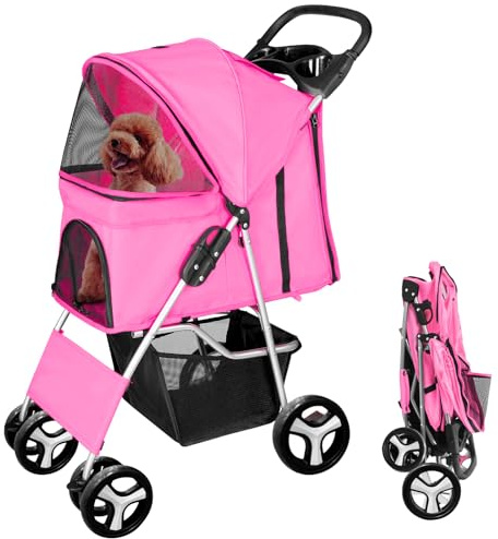 display4top Pet Travel Stroller Dog Cat Pushchair Pram Jogger Buggy With 4 Wheels (Pink)