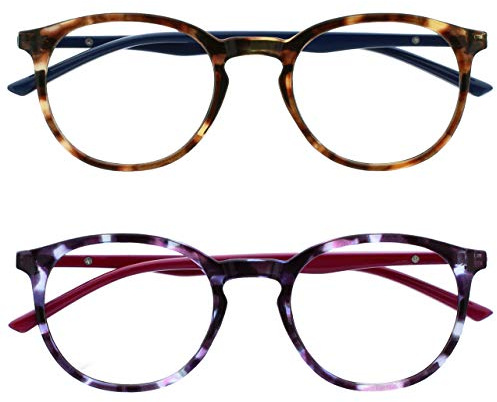 OPULIZE Met Lunettes de Lecture Anti-Lumière Bleue Pack de 2 Montures Rondes et Mincess Charnières à Ressort Améliore le Sommeil Jeux Ordinateur Marron Violet Hommes Femmes BB60-25 +3.00