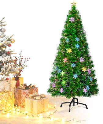 Aufun Weihnachtsbaum Künstlicher 150 cm mit LED Glasfaser und Schneeflocken Weihnachtsdeko Christbaum mit 160 Spitzen, 18 LEDs und 18 Schneeflocken, Lichterbaum aus Grün PVC und Metall Ständer