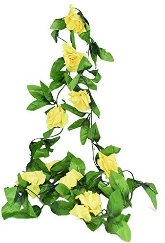 2,4 m Seide künstliche Rosen Blumen Rattan String Vine mit grünen Blättern für Home Wedding Garden Dekoration Hängende Girlande Wand, gelb