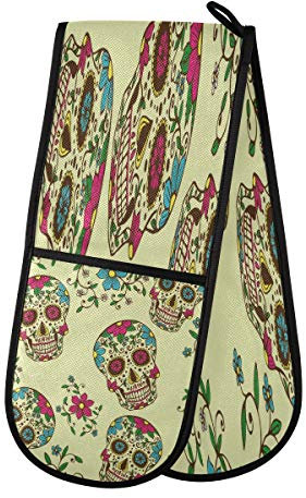 AUUXVA BIGJOKE Gant de four double matelassé en coton Motif crâne mexicain Imprimé chatons de four Résistant à la chaleur pour griller, barbecue, poêles et poêles