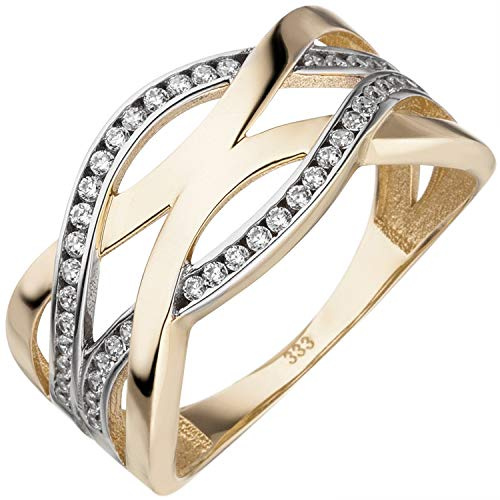 Jobo Damen-Ring breit aus 8 Karat 333 Gold Bicolor mit 46 Zirkonia