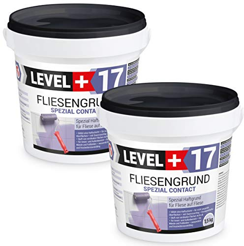 Level + 17 Fliesengrund Spezial Contact für Fliese auf Fliese - Spezial-Haftgrund mit Quarzsand für Fliesen, Glasmosaik, Naturstein & PVC - Grundierung für Innen & Außen - Lösemittelfrei - 3 kg
