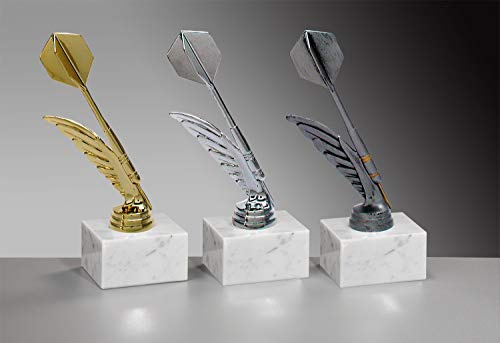 Henecka 🎯 Dart-Pokal, Dart-Trophäe, Dartpfeil-Figur auf Marmorsockel, mit Wunschgravur, wählbar in 3 Farben (Gold)