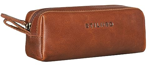 STILORD 'Linus' Etui Leder Vintage Herren Damen Stifteetui Lederetui Federmappe quadratisch Stiftetasche Büffelleder, Farbe:Cannes - braun