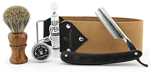 Jag Shaving 5 delar rakningssats – hållbar – rak rakhyvel set – trägrävling rakborste – rak rakkniv – läderslag – honing compound – aluminiumpinne – set för män