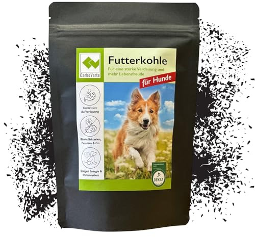 Futterkohle für Hunde 200 g – unterstützt Magen-Darm-Funktion, reduziert Durchfall & Magenbeschwerden, sehr ergiebig, neutraler Geschmack, vitaler und glücklicher Hund, einfach ins Futter mischbar