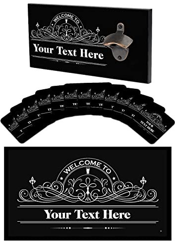 Personalised Bottle Opener Wall Mounted Wooden Bar Sign Plaque, 12 x Cardboard Beer Mats, Rubber Bar Runner Mat - Matching Bar Accessories for Home Pub Man Cave - Gifts for Him, Dad - WBS-RA816