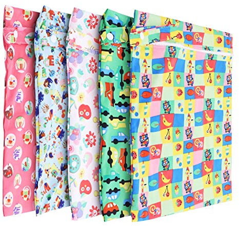 Yuhtech Wetbag, 5 Pcs Nasstaschen Wiederverwendbare Organiser Beutel Waschbar mit Reißverschluss Nassbeutel für Baby Kleinkind Reisen Gym