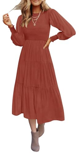 ZESICA Women's Casual Long Sleeve Crew Neck High Waist Smocked Flowy Tiered Midi Dress, Rust, S