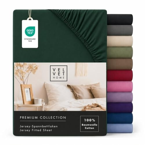 VelvetHome Spannbettlaken 180x200cm 100% gekämmte Baumwolle Jersey Bettlaken 180x200 bis 25 cm Matratzenhöhe Spannbetttuch 180x200 Premium Qualität Schönen Farben Dunkelgrün 180 x 200