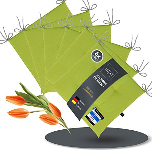 LILENO HOME 6er Set Stuhlkissen Apfelgrün (40x40x4,5 cm) - Sitzkissen für Gartenstuhl, Küche oder Esszimmerstuhl - UV-beständige Indoor u. Outdoor Stuhlauflage als Stuhl Kissen (Laura FUM)