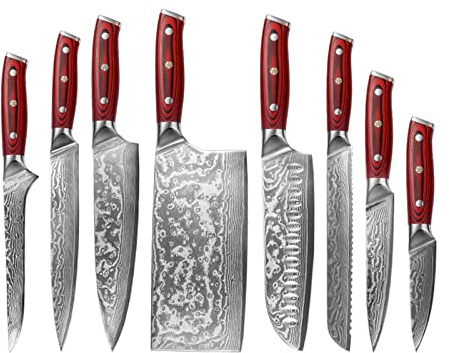 WERWER 8 PCS Set Damas Kitchen Couteaux VG10 Blade en Acier Chef Japonais Knife G10 Gandoue nakiri Tranchant la Viande Cleaver Couteau