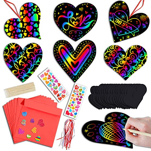 Natonhi 36 Pack Valentines Day Gifts Card,Heart Rainbow Scratch Art Paper Valentine Crafts Party Favors Classroom Exchange Prizes