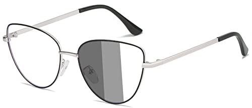 Lanomi Photochrome Selbsttönende Katzenauge Blaulichtfilter Brille ohne Sehstärke Retro Cateye Sonnen Computerbrille Metall Dünner Rahmen UV Schutz Brillenfassung Schwarz und Silber