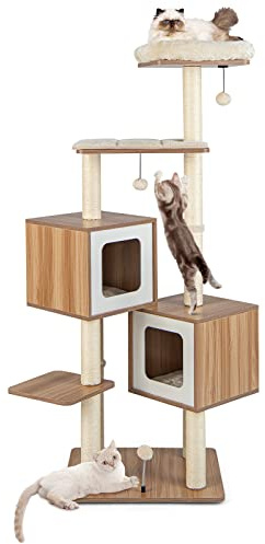COSTWAY Arbre a Chat XXL en Bois 163 cm, 4 Poteaux à Griffer en Sisal, 4 Plateformes, 2 Condos, Arbre a Chat Maine Coon, 3 Pompons, Coussin Amovible, pour 4-6 Chats, 58 × 48 × 163 cm, Naturel