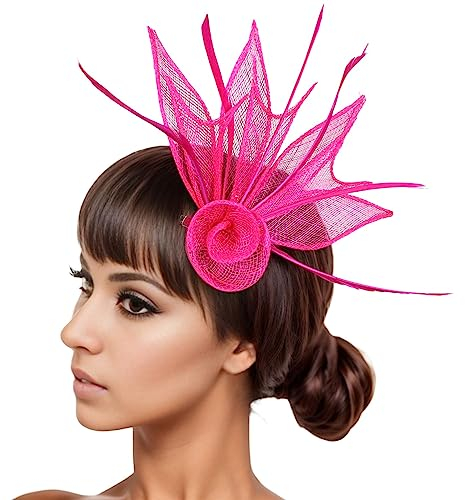 Fascinator Damen Kopfschmuck Hochzeit Hüte Hat Clip Schleier Stirnband Tea Party Mesh Kopfbedeckung Blumen Mesh Federn Clip Haarschmuck für Cocktail Halloween Oktoberfest Gothic Hot Rosa