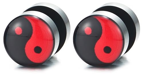 Negro y Rojo Yin Yang Pendientes Enchufe Falso Fake Plug, Pendientes de Hombre, Aretes, Cierre Tornillo, 1 Par
