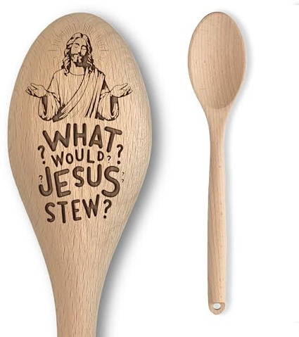 The Laser Factory Cuillère de cuisine Jésus – « Que ferait le ragoût de Jésus ? » Cuillère en bois gravée – Cadeau religieux amusant pour les chefs à domicile – Cadeau de pâtisserie abordable et amusa