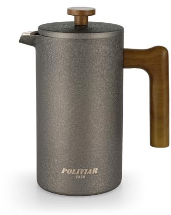 POLIVIAR Cafetiere - Cafetera de prensa francesa de 8 tazas con mango de madera, cafetera aislada de doble pared y 1 filtro adicional, prensa de café de acero inoxidable para buen café y té (1 litro,