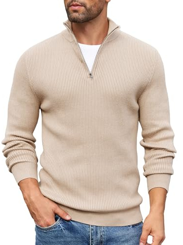 COOFANDY Pullover Herren Troyer Strickpullover Regular Fit Rollkragenpullover mit Reißverschluss 1/4 Zip Winterpullover Pulli Sweater Feinstrickpullover Hautfarbe L