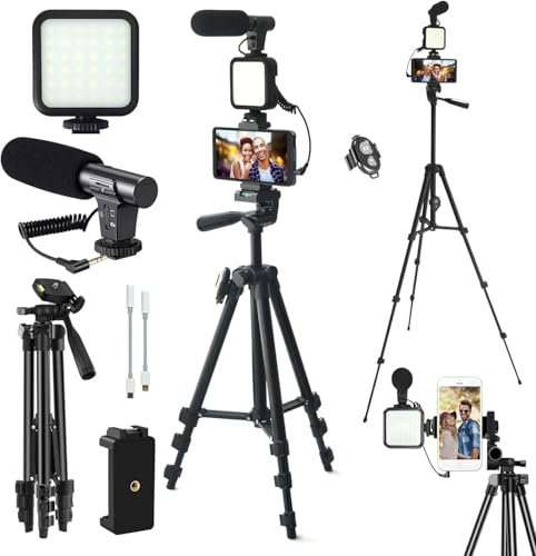 Kit de vlogging, Kit de Inicio de Youtube, Kit de vlogging para iPhone/Androidphone/cámaras, Soporte de teléfono para grabación de Video con trípode Extensible/micrófono/luz de Relleno/Control Remoto