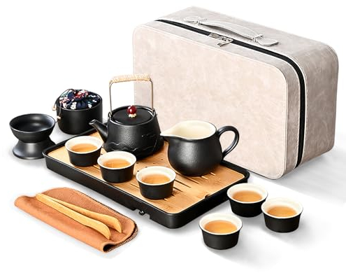 fanquare Set da Tè Nero Giapponese da Viaggio Teiera Kung Fu in Porcellana con Vassoio e Borsa Portatile Servizio da Tè Cinese per Uomo Donna Regali