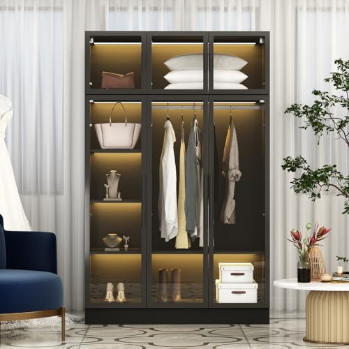 Armadio con 6 ante in vetro temperato, 5 strisce luminose, grucce e ripiani, per camera da letto, spogliatoio, nero, 120 x 48 x 190 cm, MDF