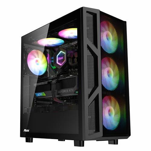RUIX CV103 | Boîtier d'ordinateur ATX MID-Tower | 4 ventilateurs RVB de 120 mm | Verre trempé | Boîtier PC de jeu | USB 3.0 (noir)