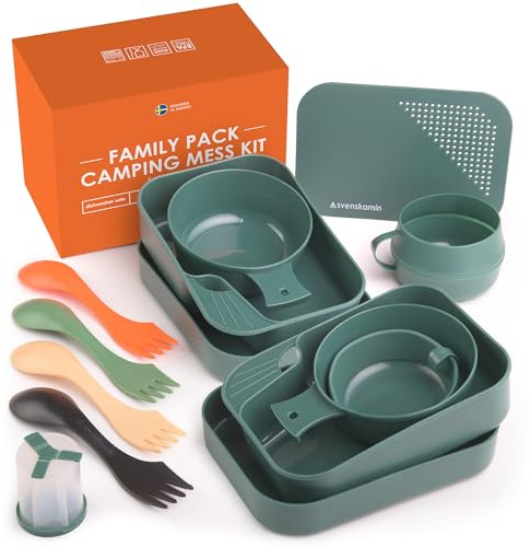 Camping Mess Kit for 4 - Compact 14-Piece Set Including Cups, Bowls, Silverware, Cutting Board, Salt & Pepper Shakers