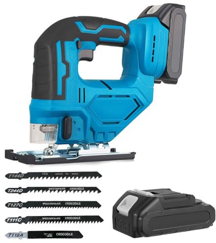 21V Cordless Jigsaw with 3 Orbital Setting, ±45°Bevel Cutting Angle, Speed Control, Tool-Less Blade Change for Metal Cutting, Electric Jigsaw for Wood Metal Cutting, 5 Blades & 2 Batteries & 1 Charger