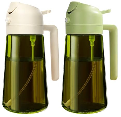 YARRAMATE 2 piezas Dispensador de Aceite de Oliva Juego con Scuro Protezione Dalla Luce, 470ml 2 en 1 Spray de Cocina, Verde Pulverizador de Aceite de Calidad Alimentaria (Blanco y Verde)