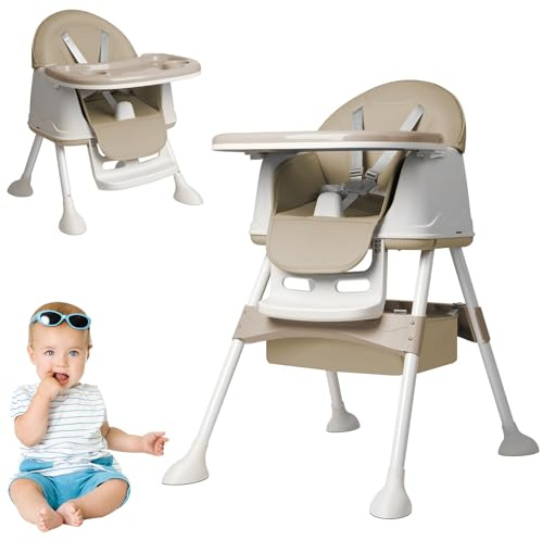 ACXIN 3-in-1 Klappbarer Baby Essstuhl, Höhenverstellbarer Kinderhochstuhl mit Doppeltablett und Rollen, Abnehmbarer Sitz für Zuhause und Reisen, Beige