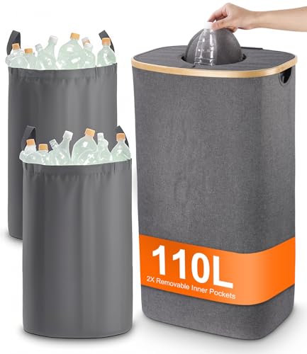 FAOKZE 110L Pfandflaschen Sammelbehälter mit Deckel mit 2 abnehmbarem Beutel,Groß Pfandflaschen Aufbewahrung,Recyclingbehälter Pfandflaschen Aufbewahrung für Küche & Abstellraum (Grau)