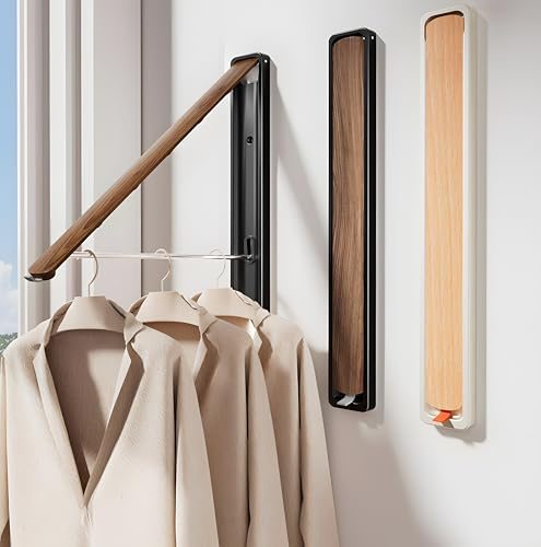Fällbar klädstång väggmonterad aluminium – utdragbar garderob klädhängare, utrymmesbesparande, modern design i valnöt eller bokutseende (svart – valnöt)