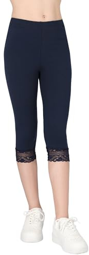 FUTURO Fashion Flickor, caprileggings av bomull med spets, mjuka och stretchiga sommarbyxor för barn, hudvänliga och bekväma storlekar 116–158, Marinblå, 146