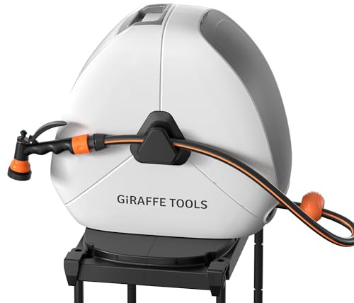 Giraffe Tools Ausziehbare Schlauchtrommel mit 30 m, robuste Bodenmontage, Gartenschlauchtrommel, mit 7-Funktions-Sprühdüse und flexiblem Drehsockel