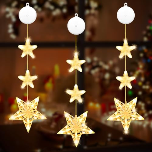 IWTBNOA LED Weihnachtsbeleuchtung Fenster, 3 Stück Weihnachten Fensterdeko mit Saugnäpfe, LED Sterne Weihnachtsbeleuchtung für Weihnachtsdeko, Fenster, Zimmer, Balkon, Party, Innen Außen