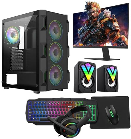 Gaming PC – Intel Core i5, GT 730 4GB Graphics, 16GB RAM, 1TB HDD + 128GB SSD, Windows 11 Pro, 22 Monitor, Keyboard, Mouse, Headset – High-Performance Gaming PC Bundle (Neo Black)